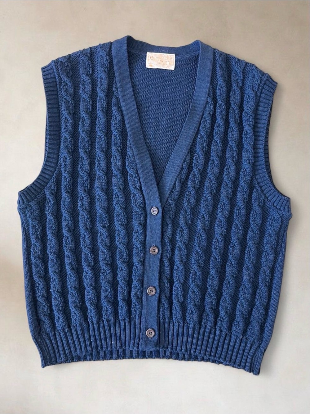 Vintage Pendleton Cable Knit 100% Wool Sweater Vest Cardigan USA Navy Blue XL